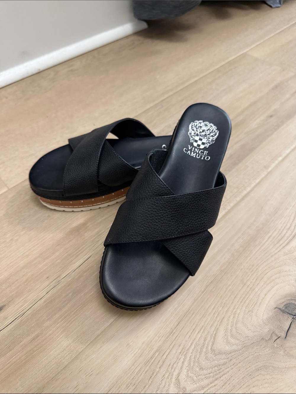 Vince Camuto Black Crisscross Platform Slide Mules